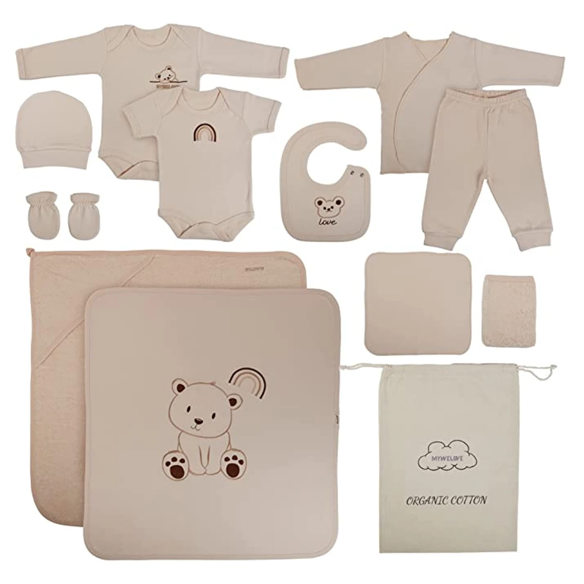 MYWELOVE Organic Cotton Newborn Essentials Unisex Layette Gift Set Gender Neutral Clothes for Baby Girls or Baby Boys